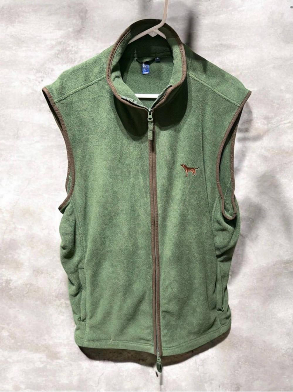 Premier Green Fleece Zip Vest with Brown Trim and Dog on Chest NWOT